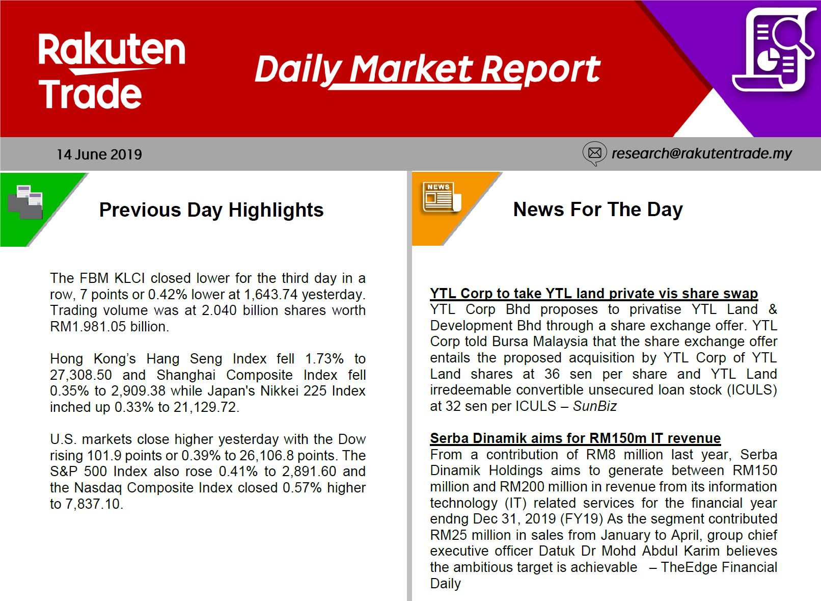 Daily Market Report (14 June 2019)