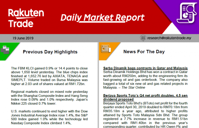 Daily Market Report (19 June 2019)