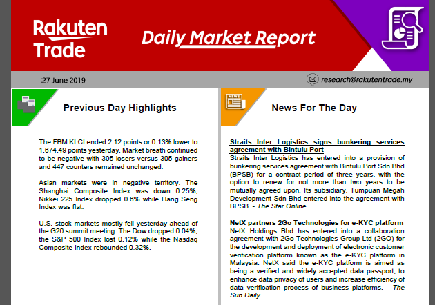 Daily Market Report (27 June 2019)